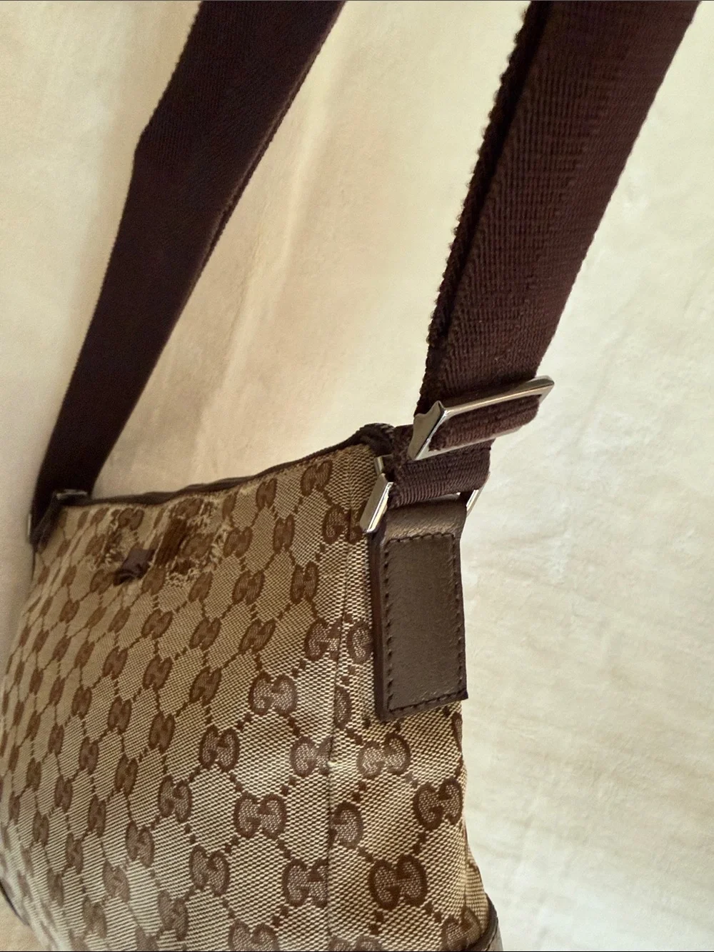 Authentic Gucci Shoulder Bag Gucci Crossbody Canvas with Brown leather Trim